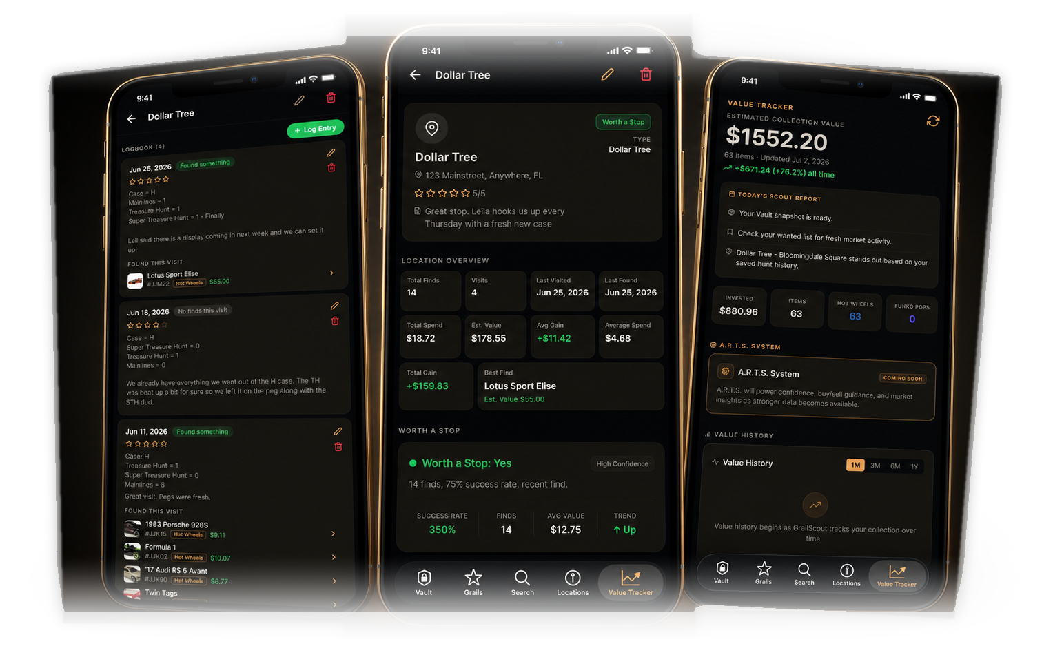 GrailScout Hunting Grounds — Location Detail, Logbook, and Value Tracker screens